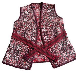Vintage 60s 70s tapestry sleeveless cardigan belt red black L/XL Mexican native